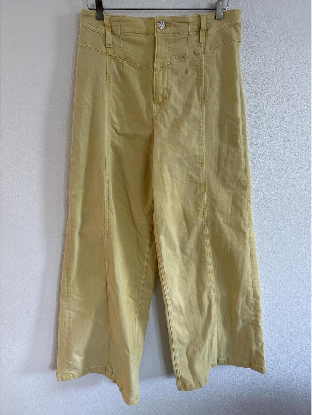 Free People Butter Yellow Cropped Wide Leg Pants Seamed Jeans Sz 30 Boho Artsy
